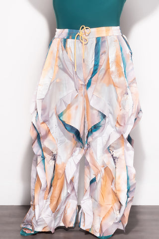 Final Sale Plus Size Wide Leg Drawstring Oversized Windbreaker Wavy Pants in White Teal and Tan Multi Color Print