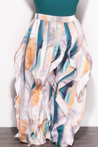 Final Sale Plus Size Wide Leg Drawstring Oversized Windbreaker Wavy Pants in White Teal and Tan Multi Color Print