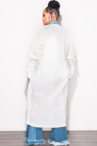 Final Sale Plus Size Cable Knit Long Sweater Cardigan in Ivory with Denim Trim