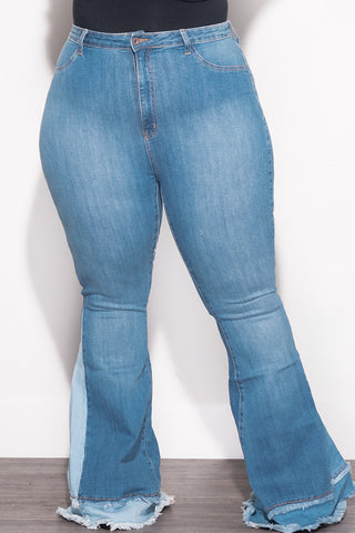 Final Sale Plus Size ColorBlock Flare Denim Jeans in Medium Stone