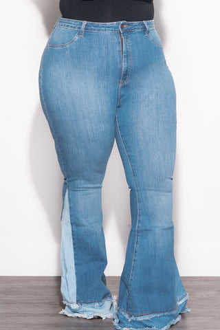 Final Sale Plus Size ColorBlock Flare Denim Jeans in Medium Stone