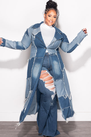Final Sale Plus Size Patchwork Trench Jacket in Denim
