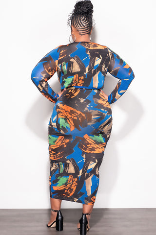 Final Sale Plus Size Midi BodyCon Dress with Waist in Blue Design Print