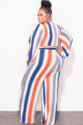 Final Sale Plus Size Long Sleeve Faux Wrap Jumpsuit with Attached Tie in Stripe Print