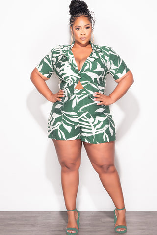 Final Sale Plus Size 2pc Collar Button Up Top and Shorts Set in Green and White Palm Print