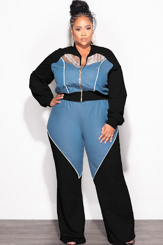Final Sale Plus Size 2pc Colorblock Zip Up Top and Pants Set in Denim Black White