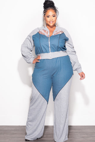 Final Sale Plus Size 2pc Colorblock Zip Up Top and Pants Set in Denim and Grey