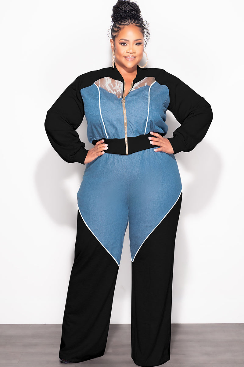 Final Sale Plus Size 2pc Colorblock Zip Up Top and Pants Set in Denim Black White