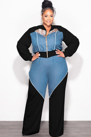 Final Sale Plus Size 2pc Colorblock Zip Up Top and Pants Set in Denim Black White