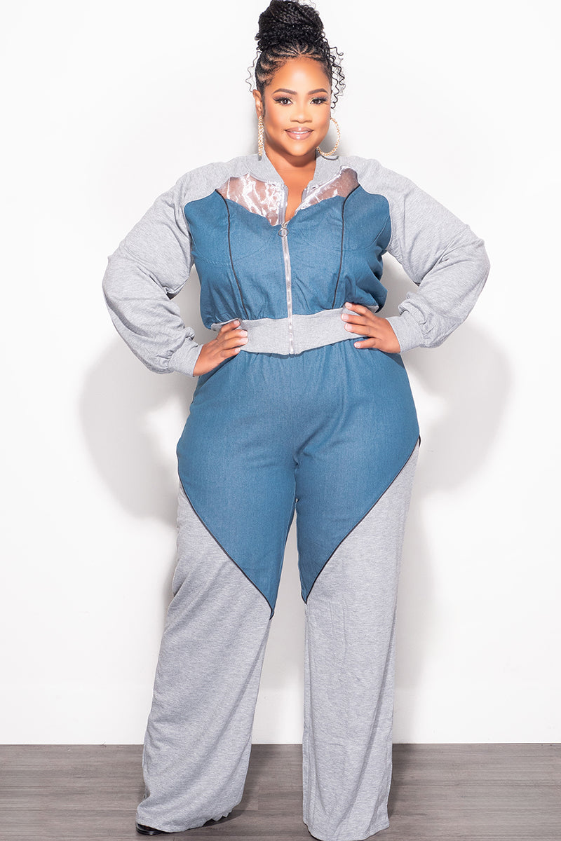 Final Sale Plus Size 2pc Colorblock Zip Up Top and Pants Set in Denim and Grey