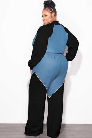 Final Sale Plus Size 2pc Colorblock Zip Up Top and Pants Set in Denim Black White