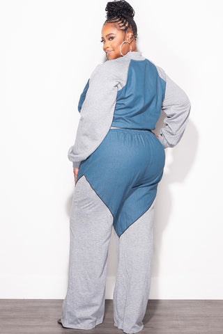 Final Sale Plus Size 2pc Colorblock Zip Up Top and Pants Set in Denim and Grey