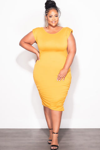 Final Sale Plus Size Sleeveless Dress with Shoulder Pads in Mustard