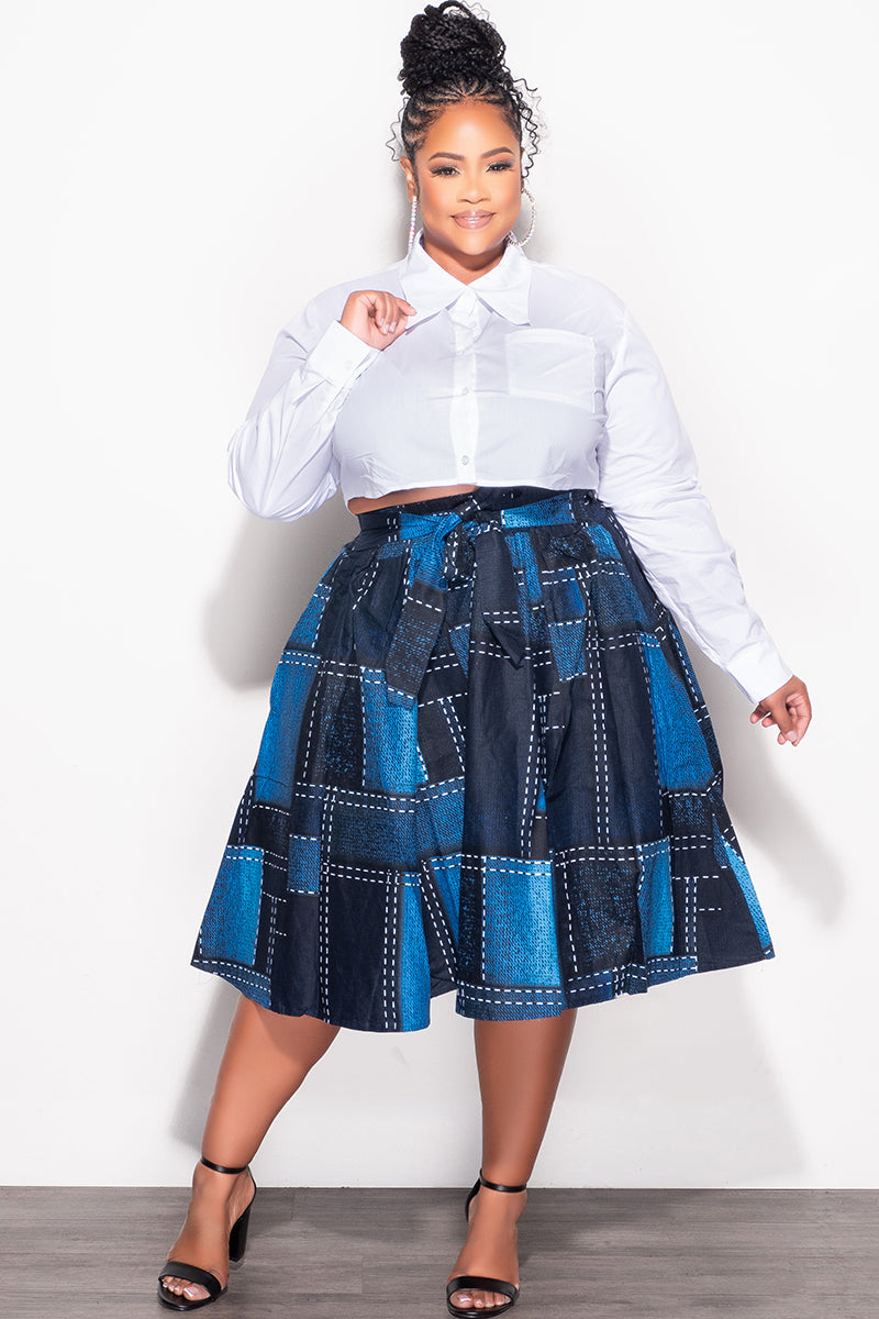 Final Sale Plus Size High Waist Knee Length Skirt with Tie in Navy and Royal Blue