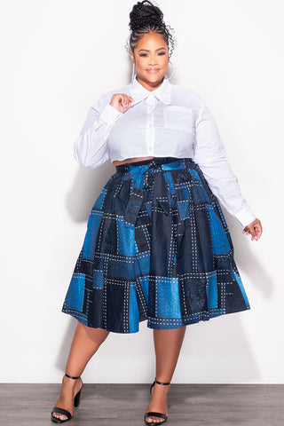 Final Sale Plus Size High Waist Knee Length Skirt with Tie in Navy and Royal Blue