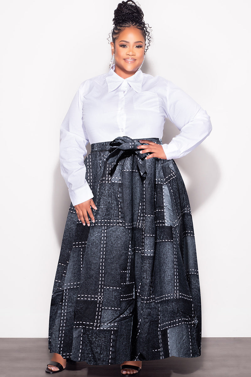 Final Sale Plus Size High Waist Maxi Skirt with Tie in Grey Black