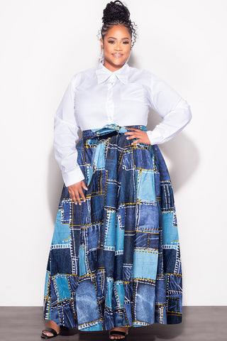 Final Sale Plus Size High Waist Maxi Skirt with Tie in Navy and Light Blue
