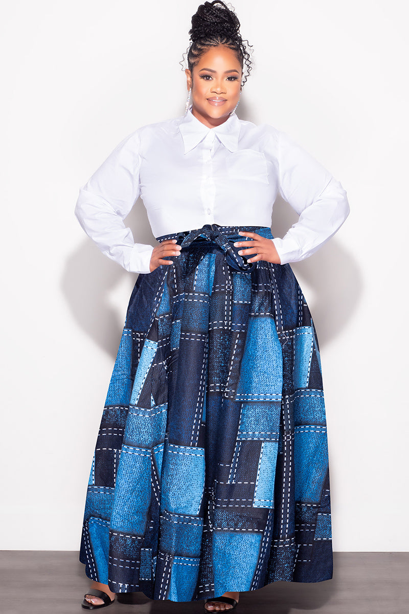 Final Sale Plus Size High Waist Maxi Skirt with Tie in Navy and Royal Blue