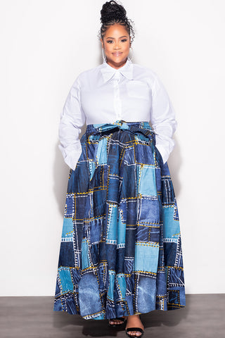 Final Sale Plus Size High Waist Maxi Skirt with Tie in Navy and Light Blue