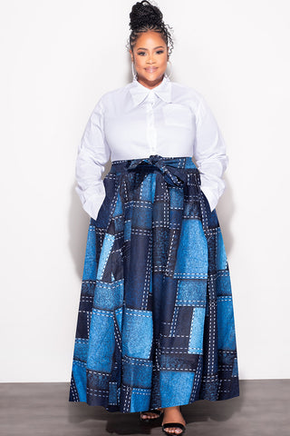 Final Sale Plus Size High Waist Maxi Skirt with Tie in Navy and Royal Blue