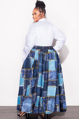 Final Sale Plus Size High Waist Maxi Skirt with Tie in Navy and Light Blue