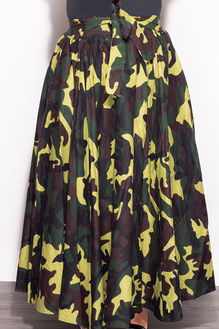 Final Sale Plus Size High Waist Maxi Skirt with Tie in Camouflage Print