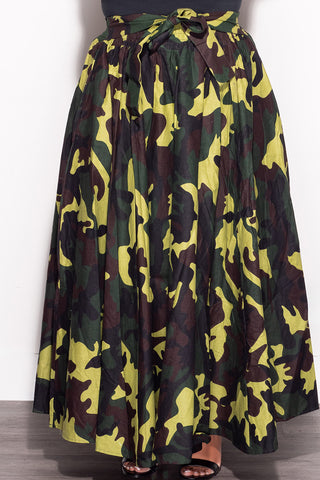 Final Sale Plus Size High Waist Maxi Skirt with Tie in Camouflage Print