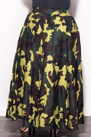 Final Sale Plus Size High Waist Maxi Skirt with Tie in Camouflage Print