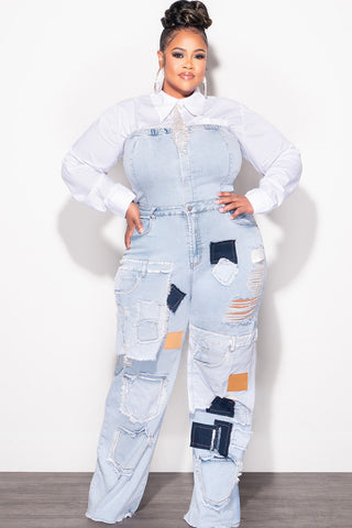 Final Sale Plus Size Patchwork Cargo Jumpsuit in Denim (Jumpsuit Only)