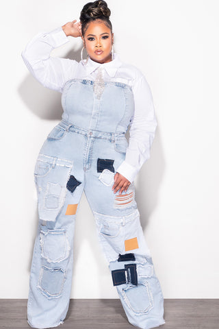 Final Sale Plus Size Patchwork Cargo Jumpsuit in Denim (Jumpsuit Only)