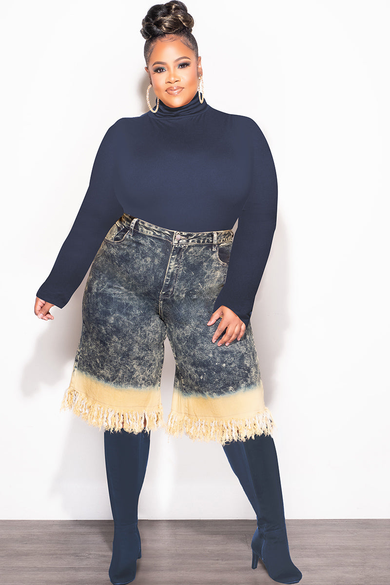 Final Sale Plus Size Colorblock Bermuda Fringe Jorts in Wash Denim and Yellow