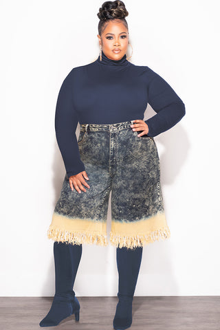 Final Sale Plus Size Colorblock Bermuda Fringe Jorts in Wash Denim and Yellow