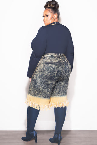 Final Sale Plus Size Colorblock Bermuda Fringe Jorts in Wash Denim and Yellow