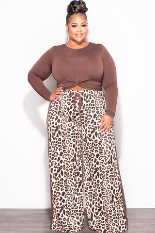 Final Sale Plus Size 2pc Color-Block Ribbed Crop Top and Pants Set in Brown and Animal Print