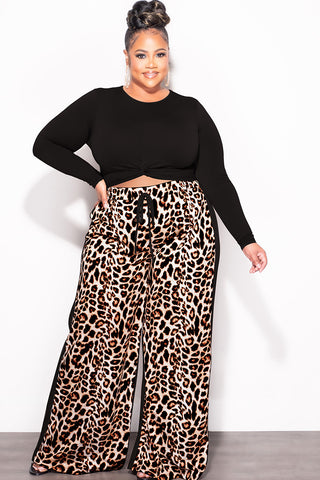Final Sale Plus Size 2pc Color-Block Ribbed Crop Top and Pants Set in Black and Animal Print