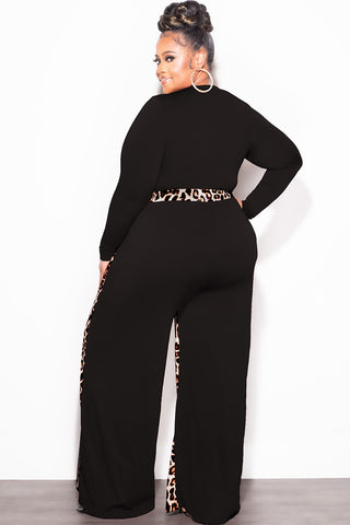Final Sale Plus Size 2pc Color-Block Ribbed Crop Top and Pants Set in Black and Animal Print