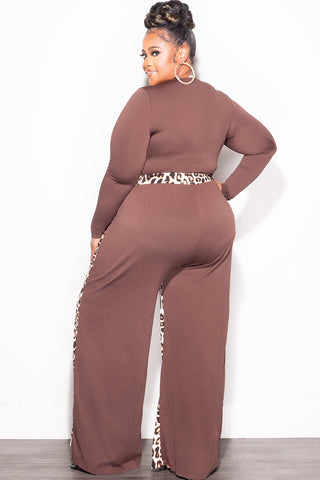 Final Sale Plus Size 2pc Color-Block Ribbed Crop Top and Pants Set in Brown and Animal Print