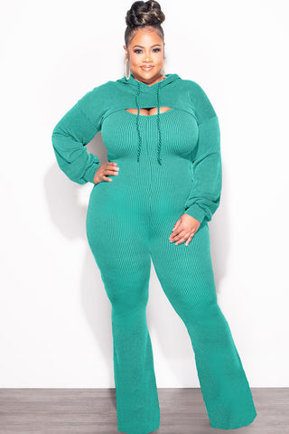 Final Sale Plus Size 2pc Ribbed Tank Jumpsuit with Pull Over Top in Green