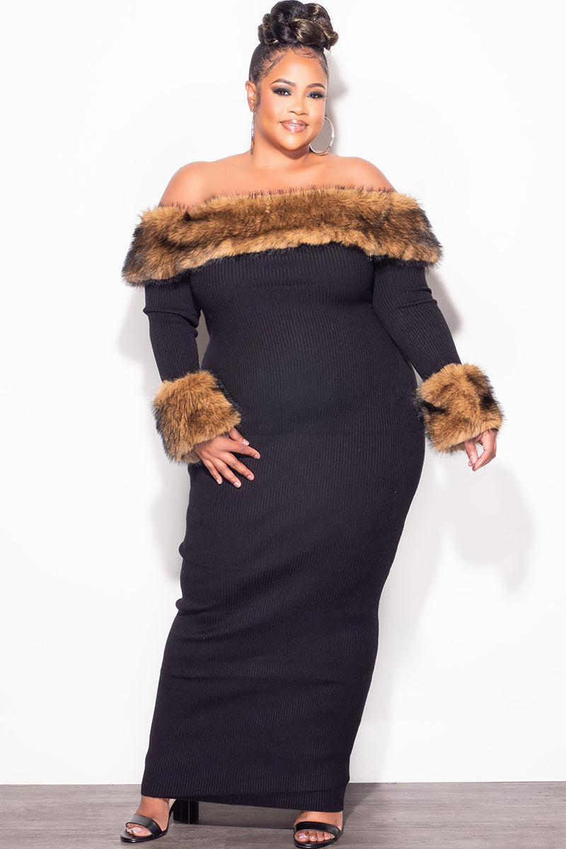 Final Sale Plus Size Ribbed Midi Sweater Dress with Faux Fur Trim in B