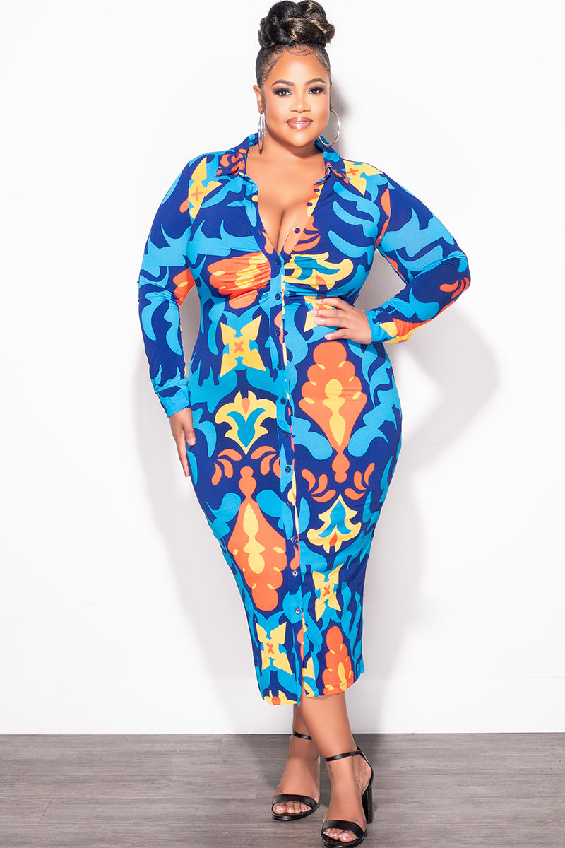 Final Sale Plus Size Collar Button Up Dress in Blue and Orange Design Print