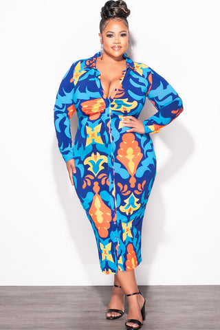 Final Sale Plus Size Collar Button Up Dress in Blue and Orange Design Print