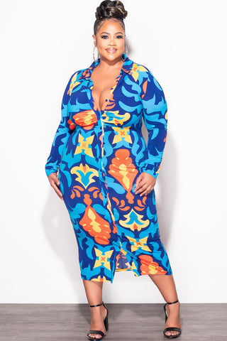 Final Sale Plus Size Collar Button Up Dress in Blue and Orange Design Print