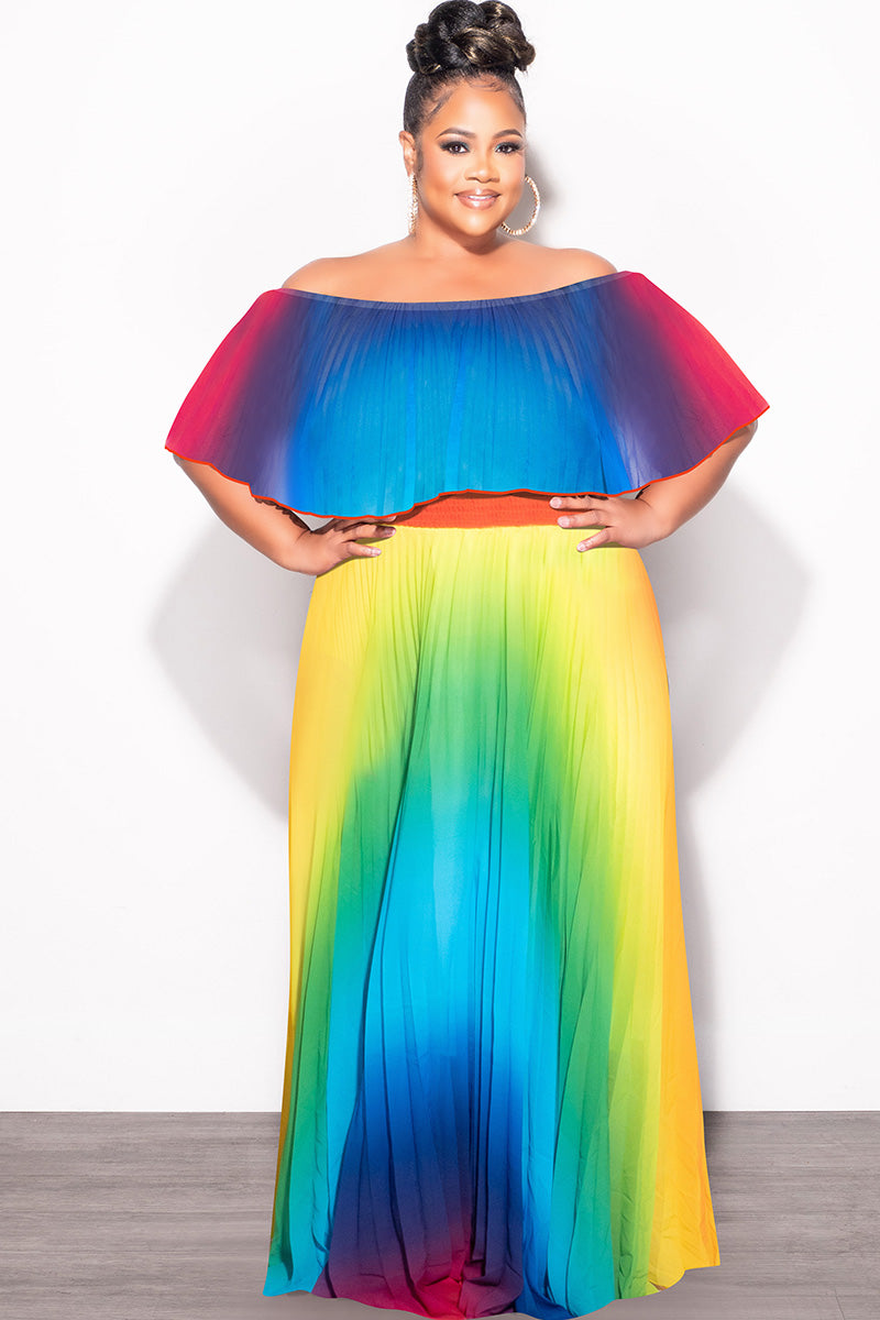 Final Sale Plus Size Strapless Chiffon Pleated Long Dress in a Rainbow Print