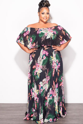 Final Sale Plus Size Strapless Chiffon Pleated Long Dress in Black Floral Print