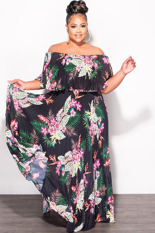 Final Sale Plus Size Strapless Chiffon Pleated Long Dress in Black Floral Print