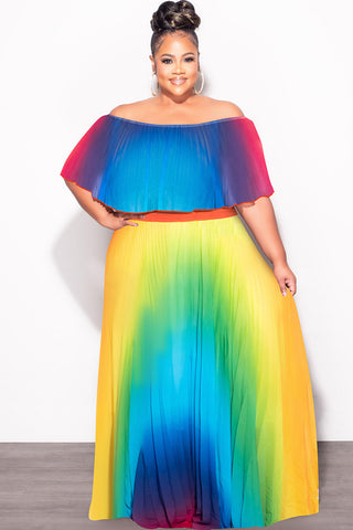 Final Sale Plus Size Strapless Chiffon Pleated Long Dress in a Rainbow Print