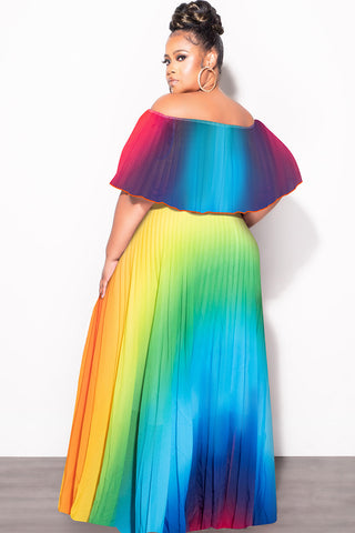 Final Sale Plus Size Strapless Chiffon Pleated Long Dress in a Rainbow Print
