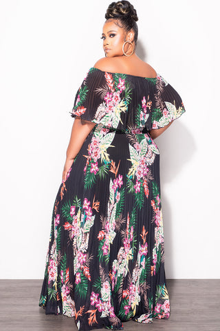 Final Sale Plus Size Strapless Chiffon Pleated Long Dress in Black Floral Print