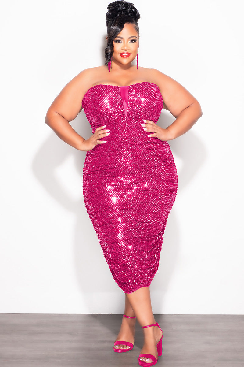 Final Sale Plus Size Confetti Dot Knit Sequin Strapless Dress in Fuchsia
