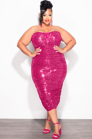 Final Sale Plus Size Confetti Dot Knit Sequin Strapless Dress in Fuchsia